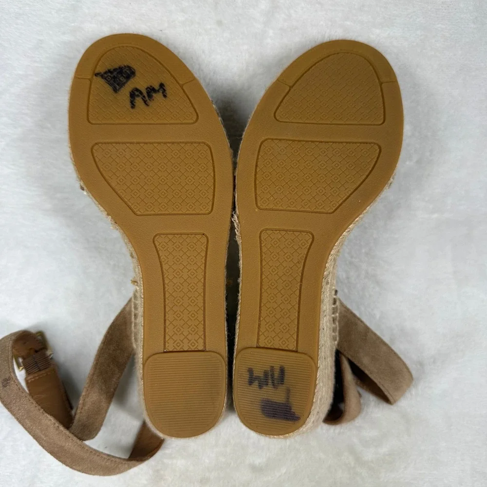 Tory Burch Ines Suede Espadrille Wedge Sandals Brown Ankle Strap 4in Heel 7.5
